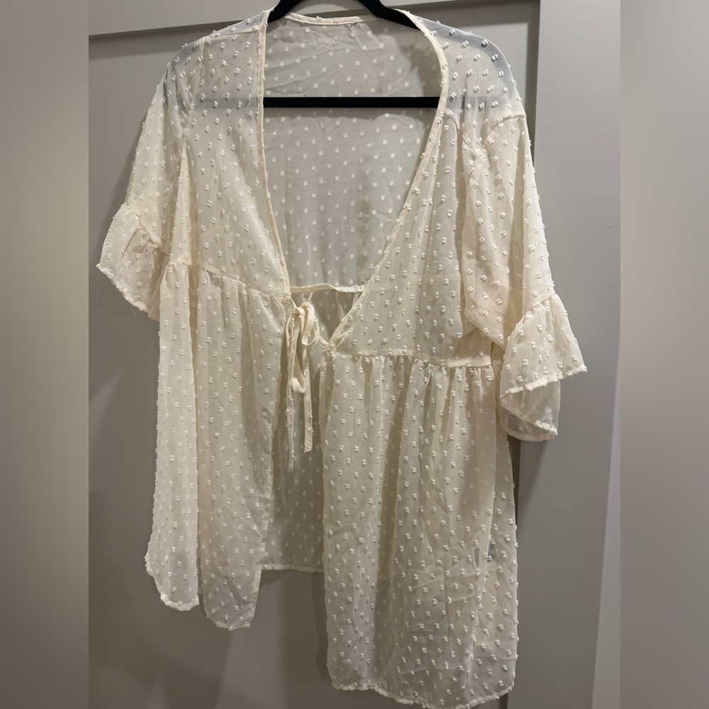 Chic Cream Sheer Women's Blouse with Tie Front